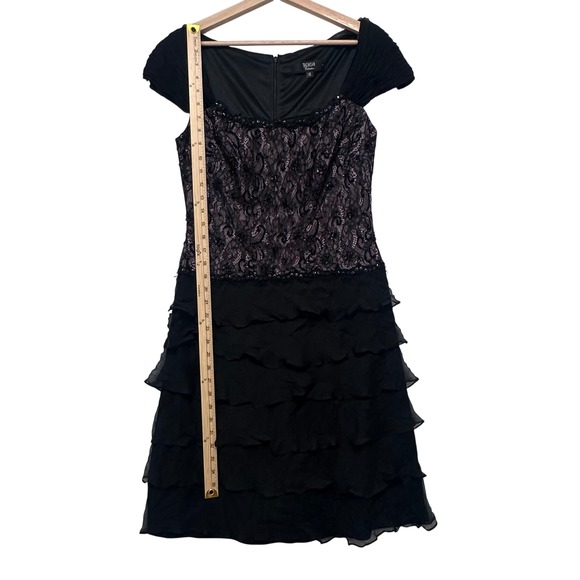 Tadashi Collection silk Black Lace Ruffle Tiered Cap Sleeve Cocktail Dress sz 12 - Picture 6 of 11